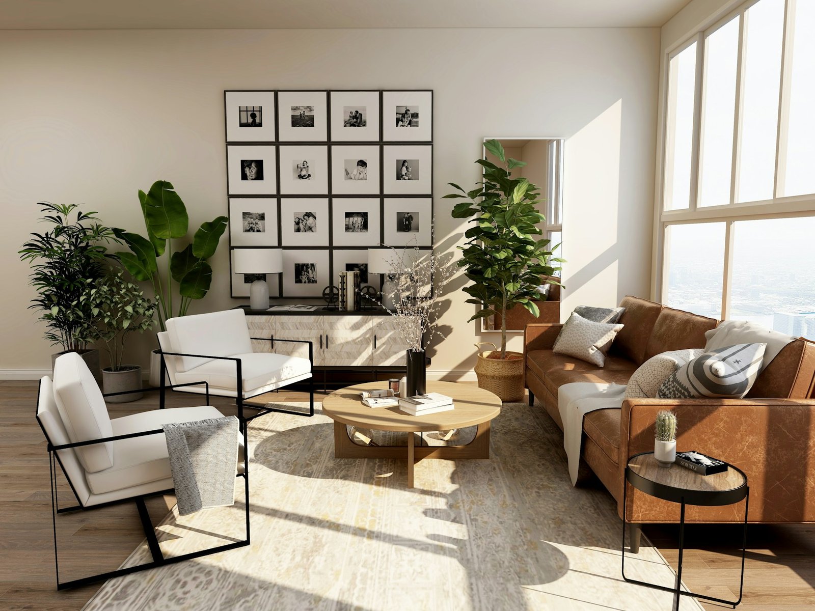 Espacio interior con materiales naturales y luz cálida